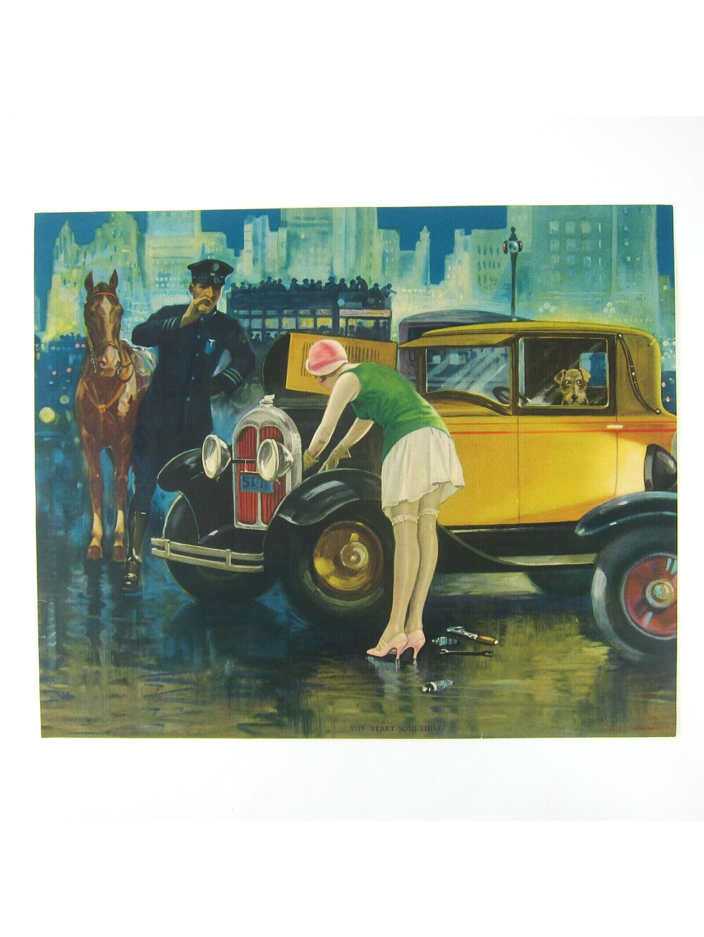 1920s Art Print Flapper Girl Fixes Antique Yellow Car Dog Police Man Horse City